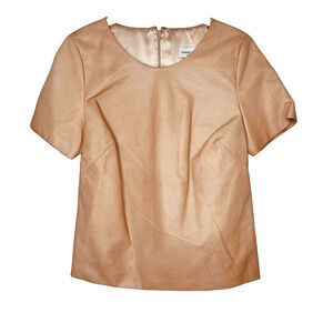 RARE August Getty Tan Leather Short Sleeve Round Neck Back Zip Silk Lining Top 4